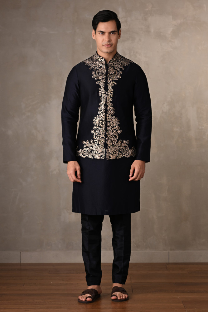 Navy Blue Chanderi Embroidered Bundi Jacket With Kurta Set