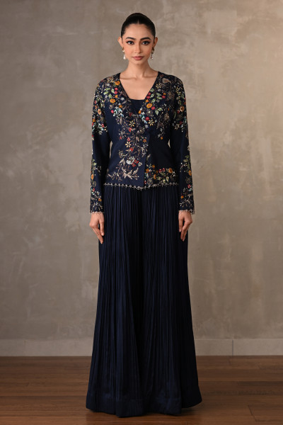 Blue Bloom Embellished Jacket With Pleated Pants