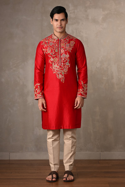 Red Chanderi Embroidered Kurta