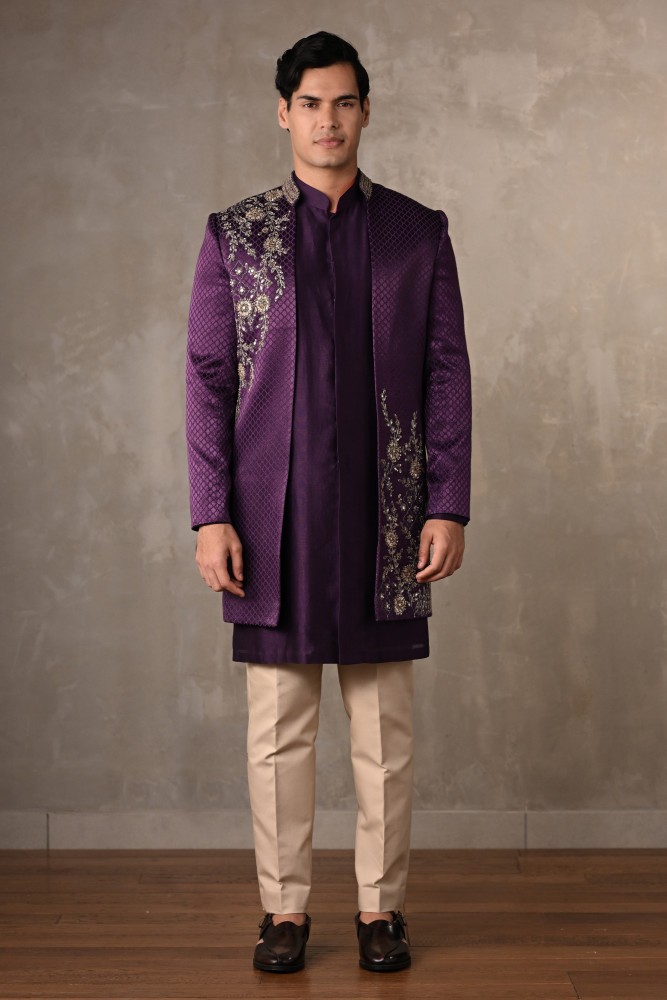 Royal Amethyst Chanderi Silk Open Sherwani Jacket Set
