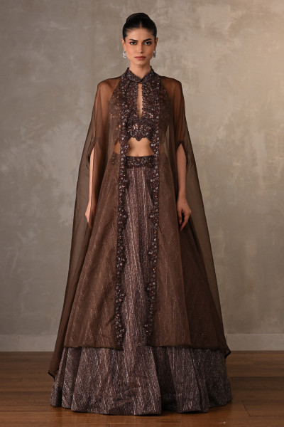 Mocha Sheer Embellished Lehenga Set