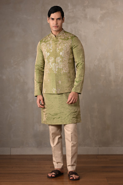 Green Tissue Silk Bundi Kurta Set