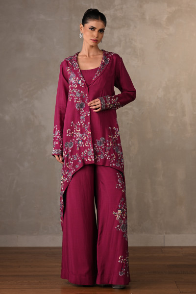 Wine Embellished Silk Co-Ord Set