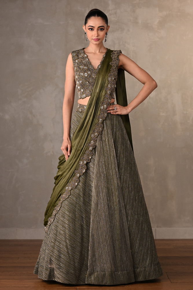 Olive Luxe Sequined Lehenga Set With Attached Dupatta