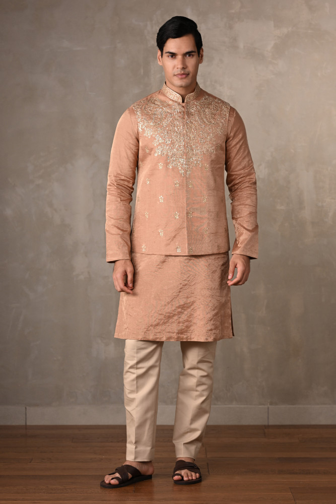 Light Gold Tissue Bundi Jacket With Kurta Set