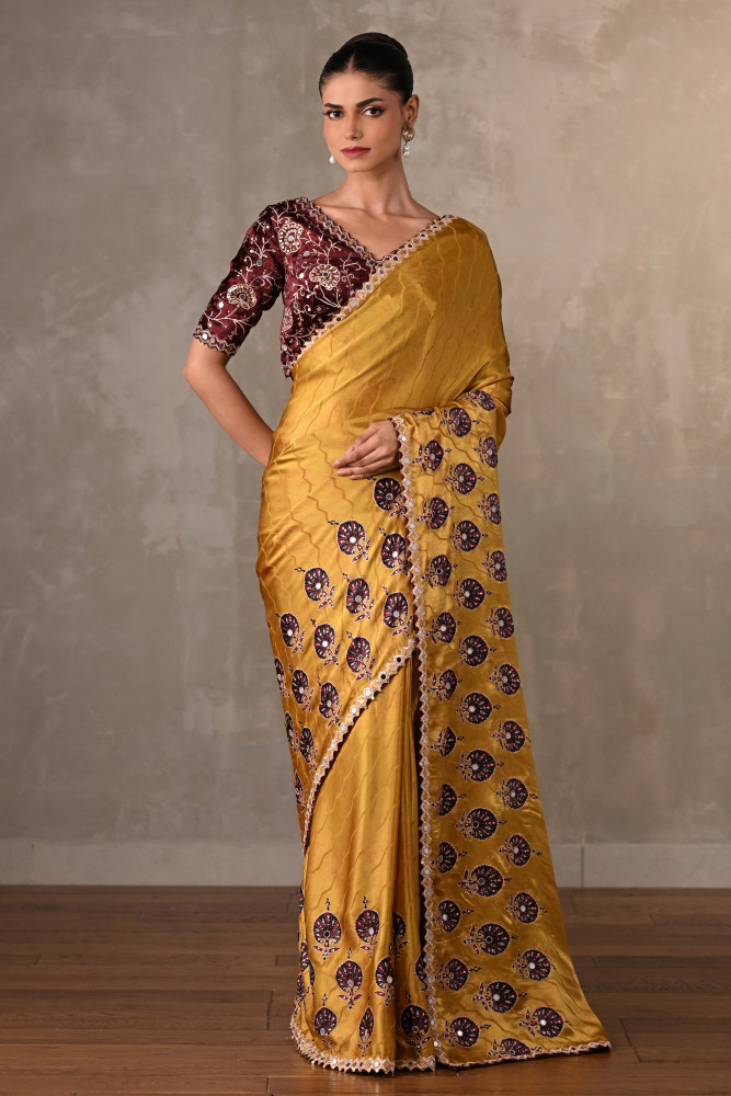 Mustard Satin Mirror Work Saree Set