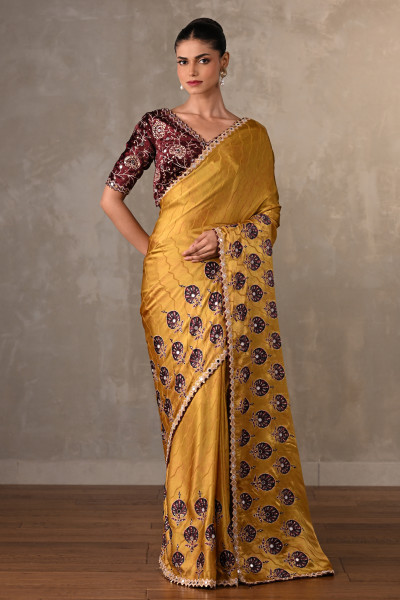 Mustard Satin Mirror Work Saree Set
