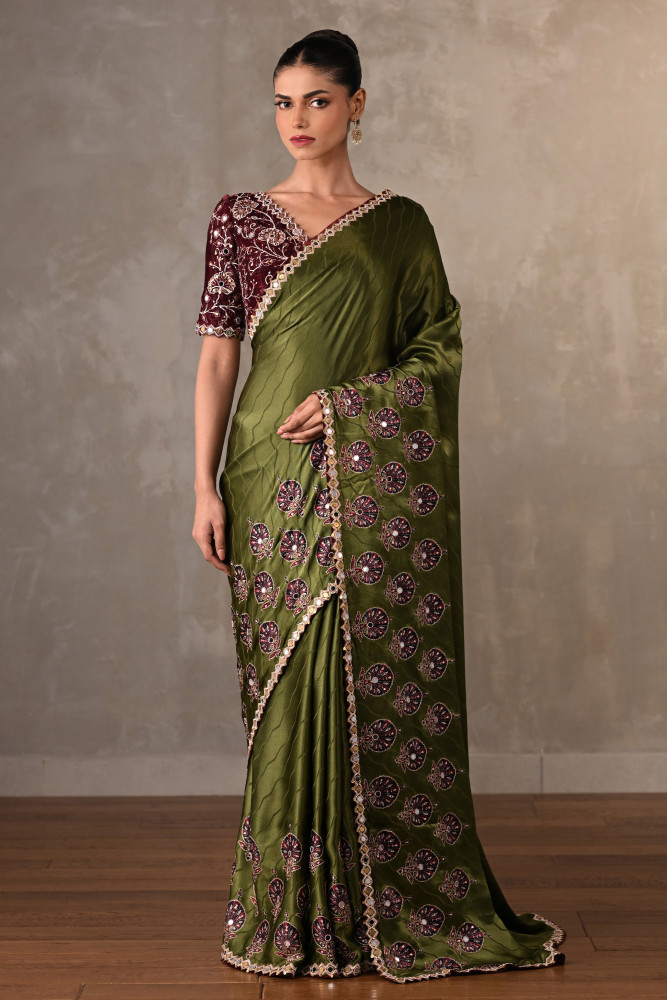 Mehndi Green Satin Mirror Work Saree Set
