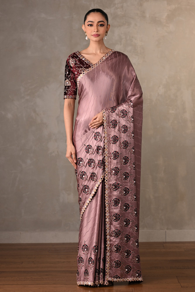 Mauve Satin Mirror Work Saree Set