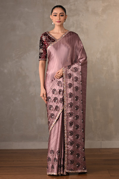 Mauve Satin Mirror Work Saree Set