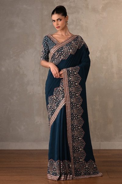 Navy Mirror Work Saree Set