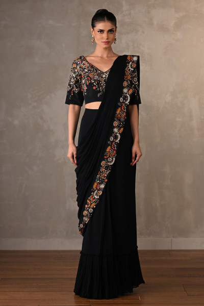 Black Embellished Pre-Stitched Saree Set