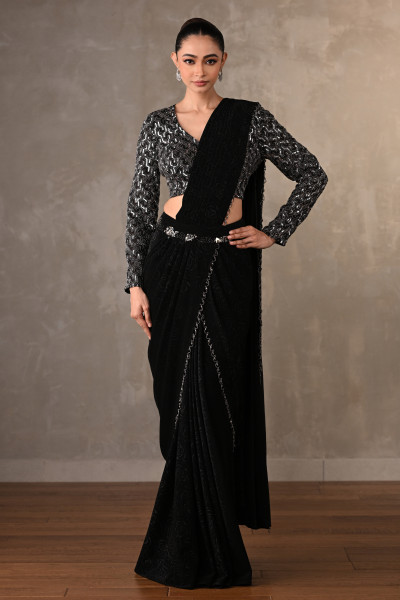 Starlit Black Sequin Drape Saree Set