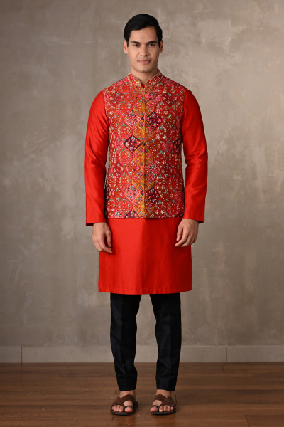 Ruby Red Chanderi Bundi Jacket with Kurta Set