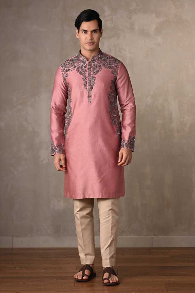 Pink Chanderi Embroidered Kurta