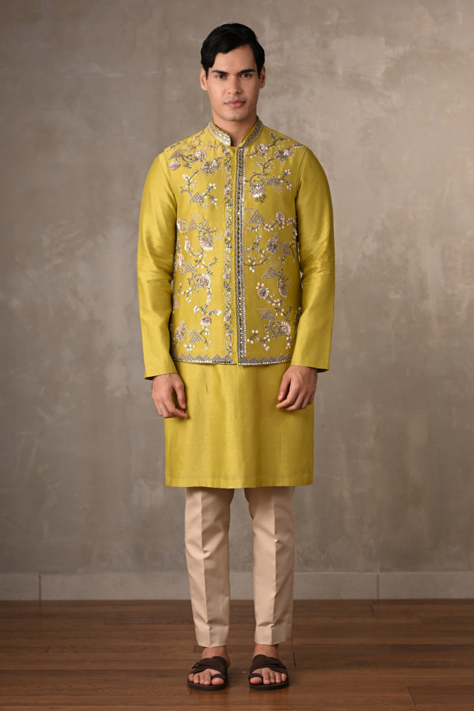 Lime Green Chanderi Bundi Jacket with Kurta Set