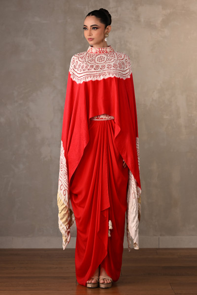 Empress Red Bandhej Silk Cape Co-Ord Set