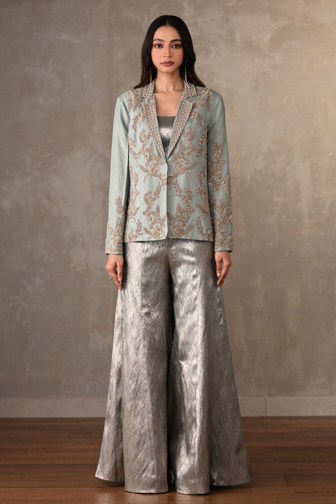 Dusky Blue Brocade Pant Suit Set