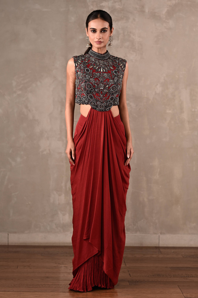Maroon Drape Gown Set