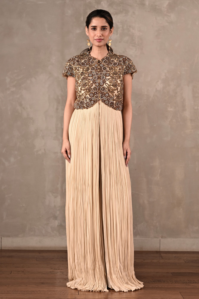 Off-White Embroidered Drape Gown Set