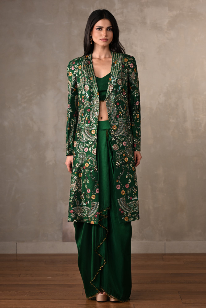 Green Silk Draped Skirt Set With Embroidered Long Jacket