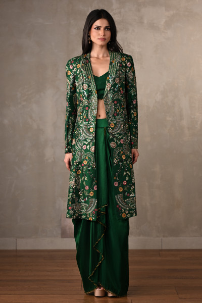 Green Silk Draped Skirt Set With Embroidered Long Jacket