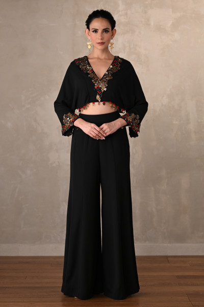 Black Georgette Embroidered Crop Top With Wide-Leg Trousers