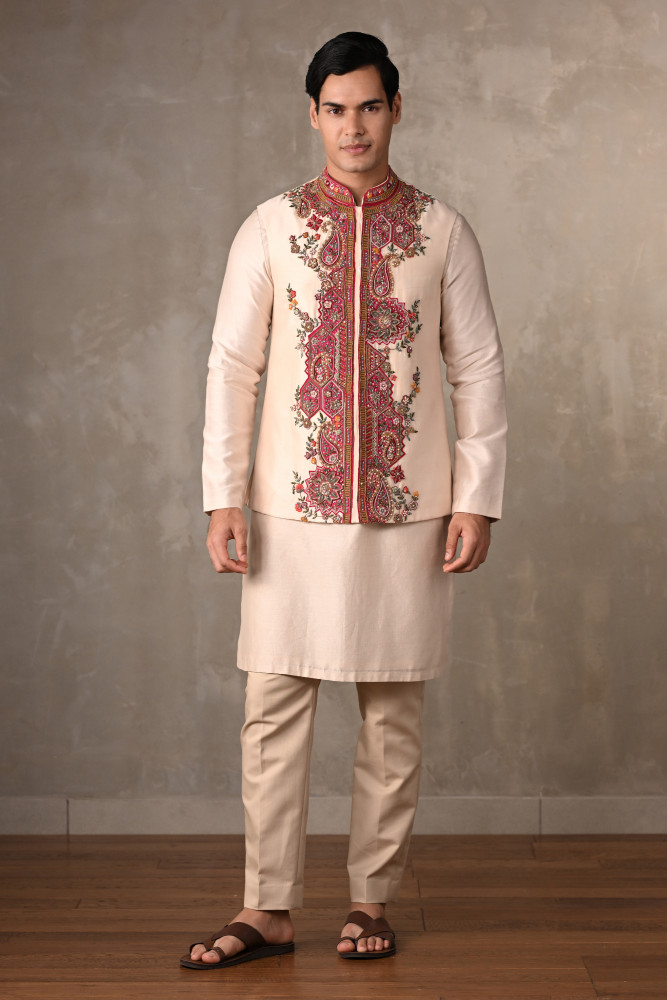 Ivory Chanderi Hand-Embroidered Bundi Jacket With Kurta Set