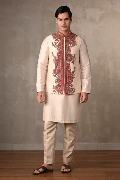 Ivory Chanderi Hand-Embroidered Bundi Jacket With Kurta Set