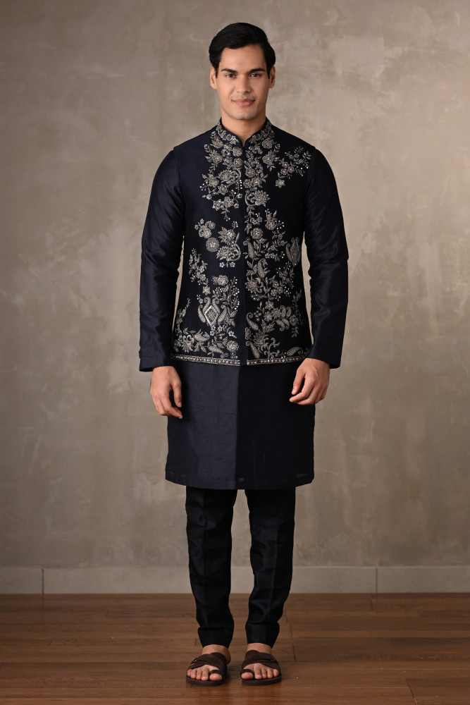 Navy Blue Embroidered Bundi Kurta Set