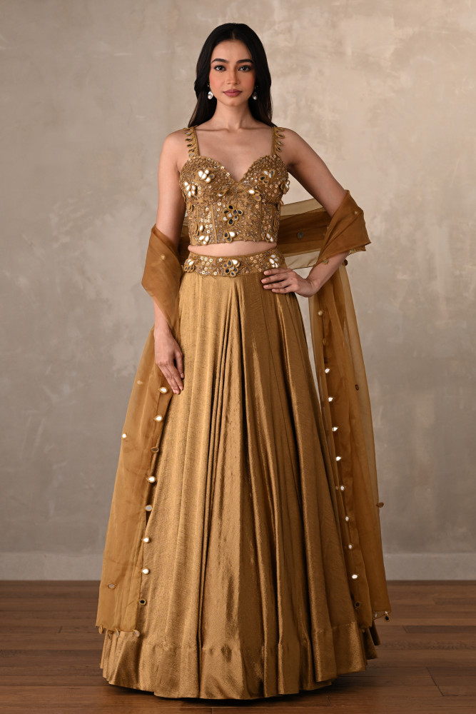 Mehndi Green Mirage Satin Crepe Lehenga Set