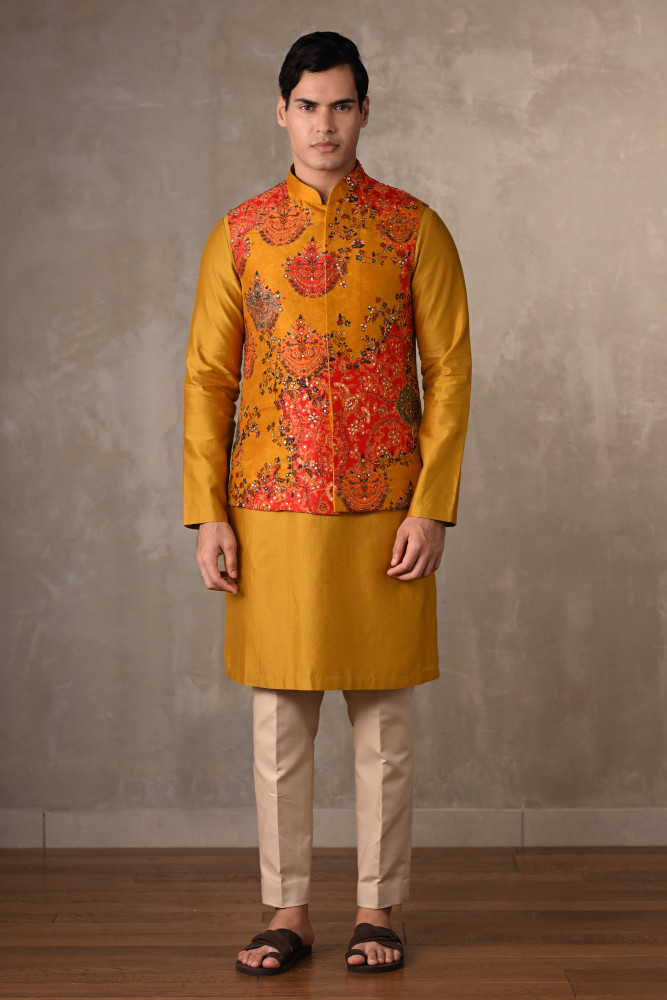 Yellow–Multicolour Chanderi Bundi Jacket with Kurta Set
