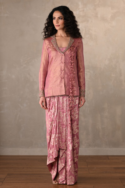 Tissue Jacket With Banarasi Draped Skirt Ensemble