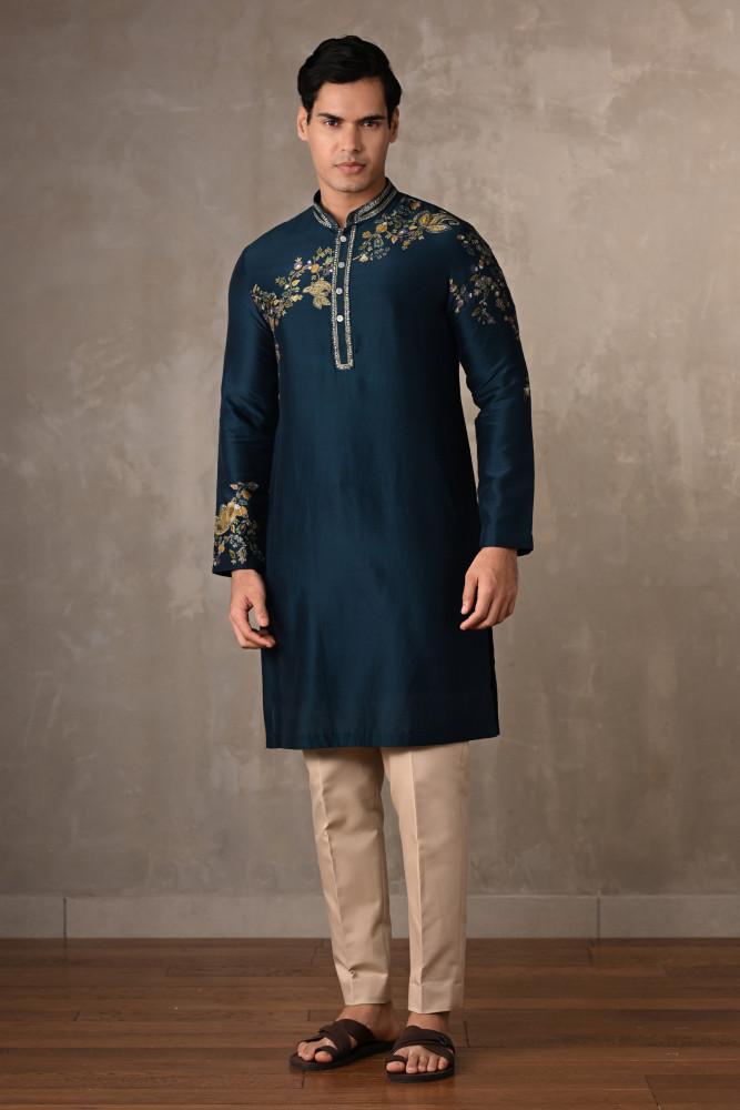 Blue Chanderi Embroidered Kurta