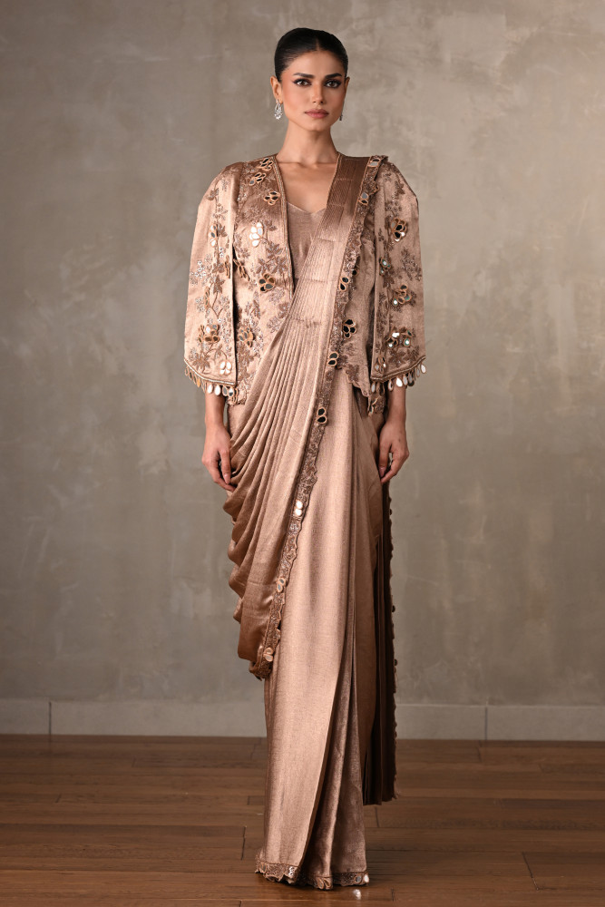Dusty Beige Embellished Satin Drape Gown With Jacket