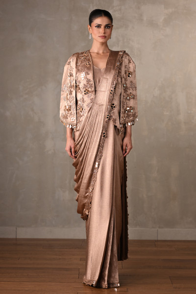 Dusty Beige Embellished Satin Drape Gown With Jacket