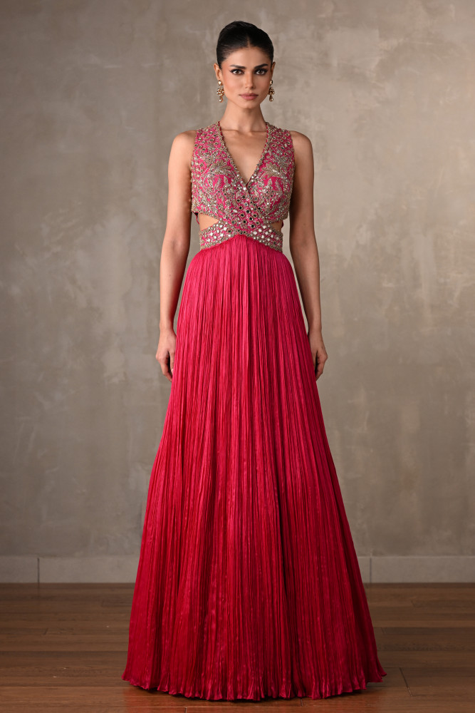 Moss Mirror Embroidered Pleated Gown