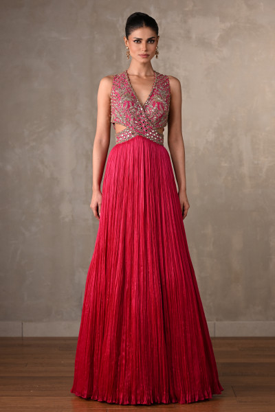 Moss Mirror Embroidered Pleated Gown