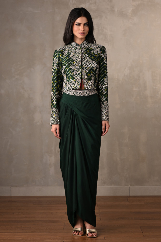 Emerald Embellished Jacket & Draped Skirt Set
