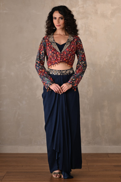 Navy Draped Silk Skirt With Multicolor Embroidered Jacket