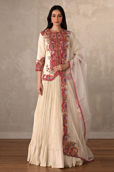 Off White-Rani Rouge Crushed Organza Lehenga Set