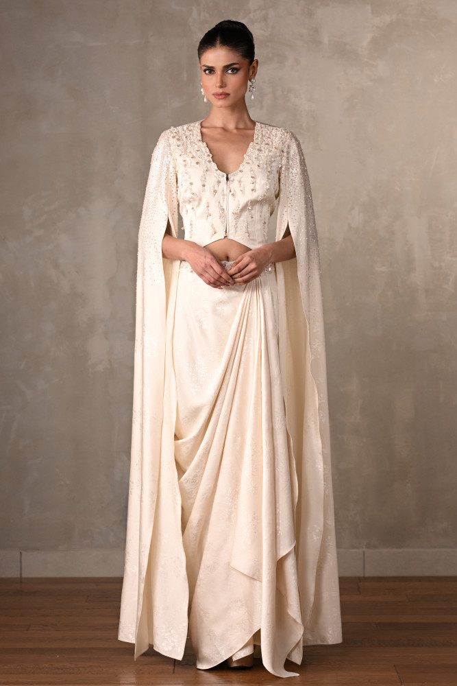 Ethereal Off-White Satin Cape Top & Draped Skirt Set