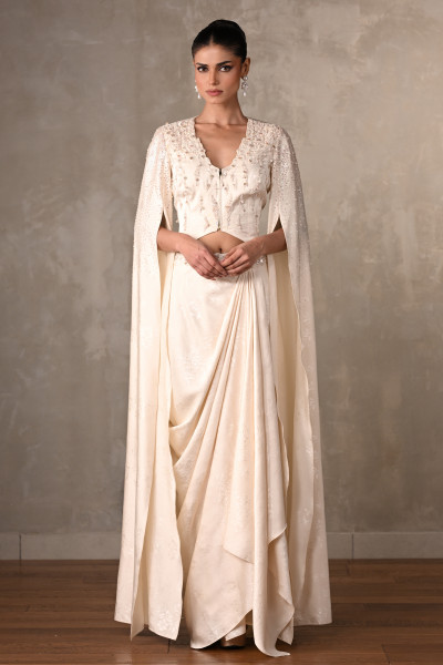 Ethereal Off-White Satin Cape Top & Draped Skirt Set