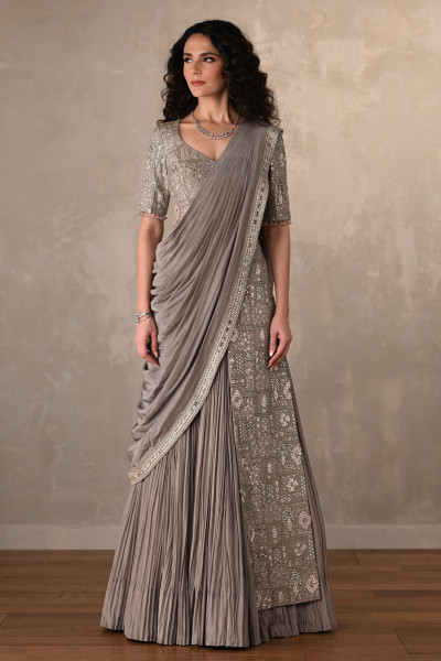Embroidered Crepe Draped Gown With Pleated Skirt