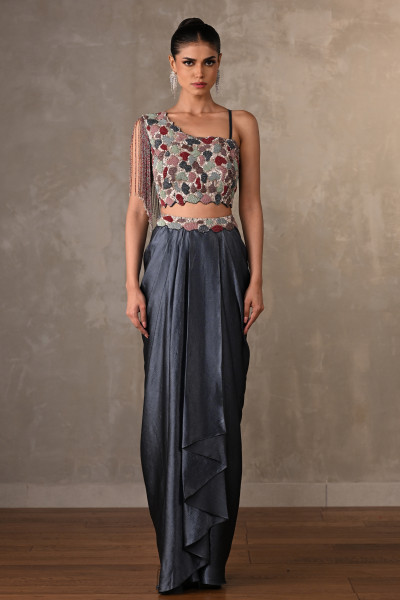 Blue Embellished Asymmetric Satin Co-Ord Set