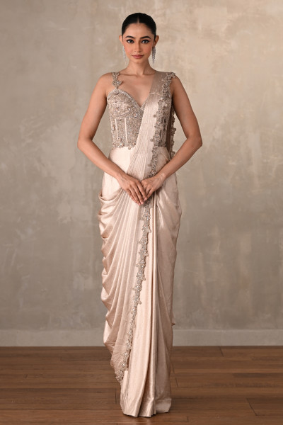 Champagne Gold Satin Draped Gown With Embellished Corset