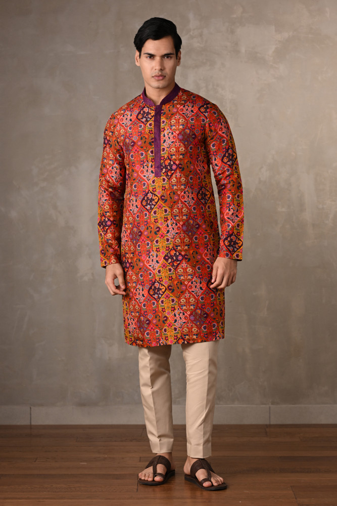 Yellow-Multicolour Festive Mosaic Silk Kurta