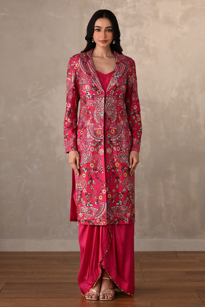 Rani Silk Draped Skirt Set With Embroidered Long Jacket