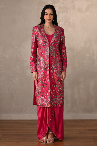 Rani Silk Draped Skirt Set With Embroidered Long Jacket