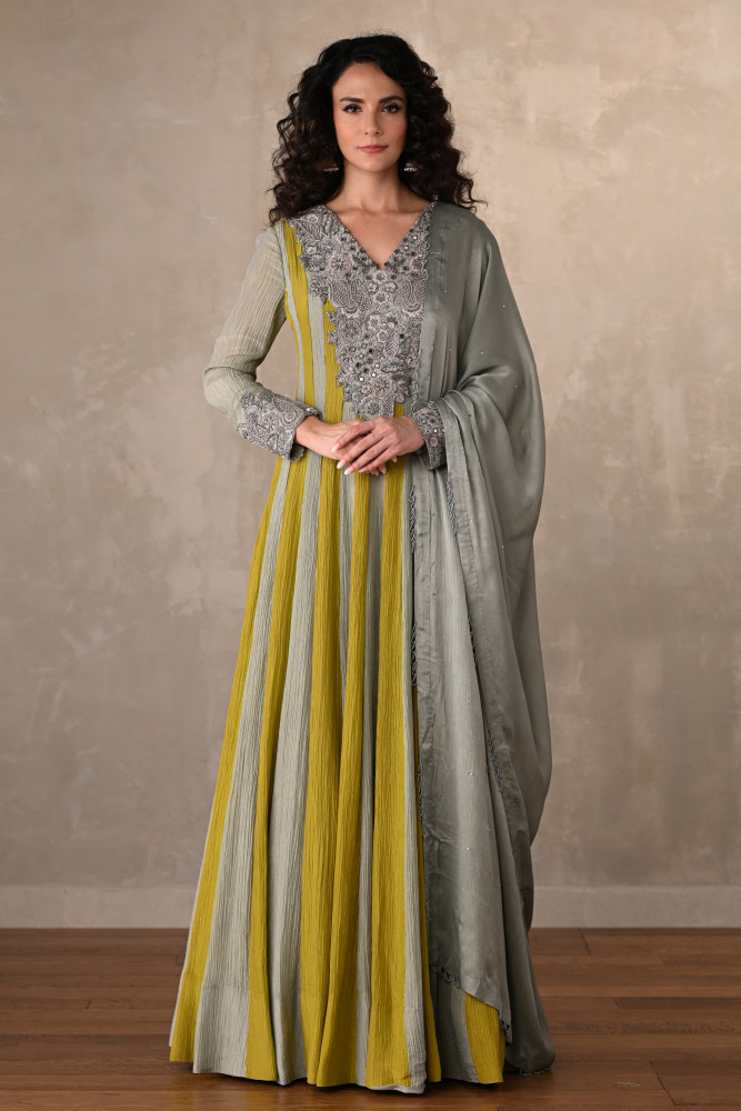 Olive & Sage Striped Organza Crush Anarkali With Silver Embroidery